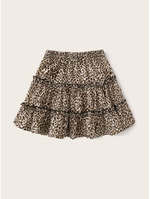 SHEIN Girls Frill Trim Leopard Print Skirt