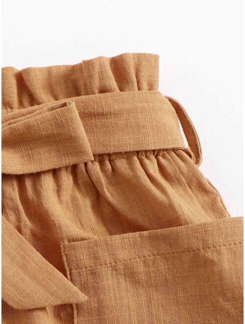 SHEIN Girls Button Front Paperbag Waist Belted Skirt