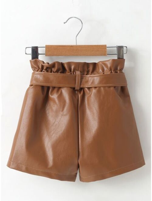 Shein Toddler Girls PU Leather Belted Paper Bag Waist Shorts