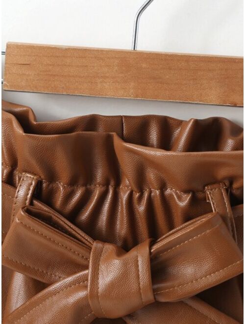 Shein Toddler Girls PU Leather Belted Paper Bag Waist Shorts