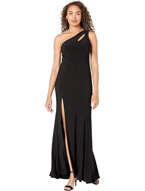 XSCAPE One-Shoulder Cutout Ity with Front Slit