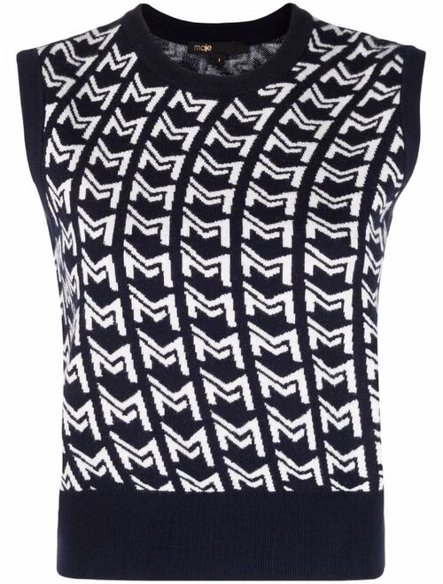 Maje monogram-pattern crew-neck knitted top