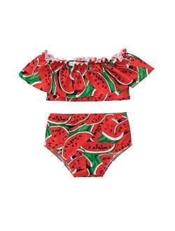 Generic Swimsuits for Girls Watermelon Print Flounce Swimwear Off Shoulder Ruffle Bikini Tops with Swim Bottoms (Red, 6-12 Months)