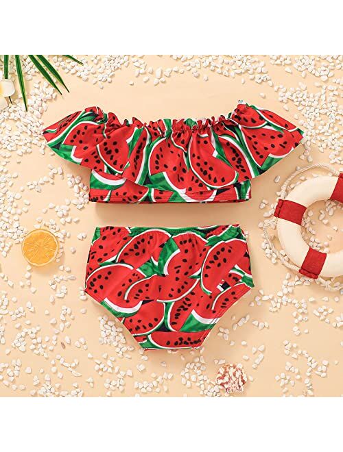 Shekini Generic Swimsuits for Girls Watermelon Print Flounce Swimwear Off Shoulder Ruffle Bikini Tops with Swim Bottoms (Red, 6-12 Months)