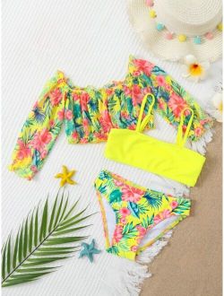 Toddler Girls 3pack Random Tropical Print Frill Trim Bikini Swimsuit