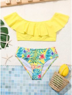 Girls Tropical Print Ruffle Trim Off The Shoulder Bikini Swimsuit