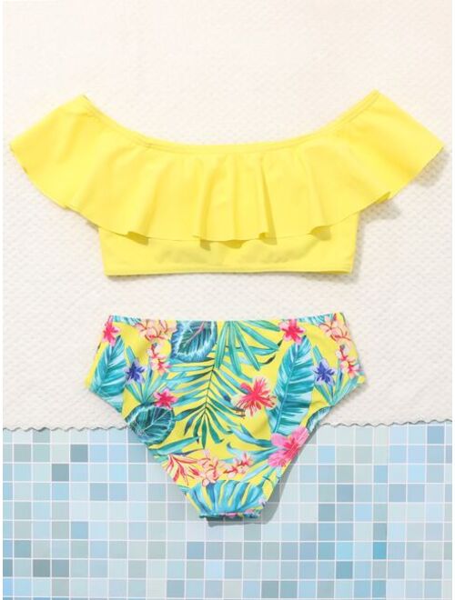 Shein Girls Tropical Print Ruffle Trim Off The Shoulder Bikini Swimsuit