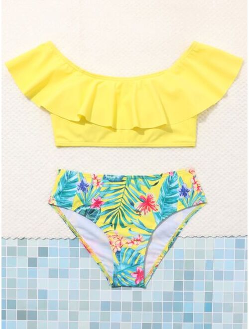 Shein Girls Tropical Print Ruffle Trim Off The Shoulder Bikini Swimsuit