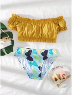 Girls Butterfly Print Rib Frill Trim Bikini Swimsuit