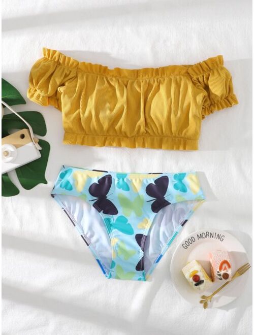 Shekini Girls Butterfly Print Rib Frill Trim Bikini Swimsuit