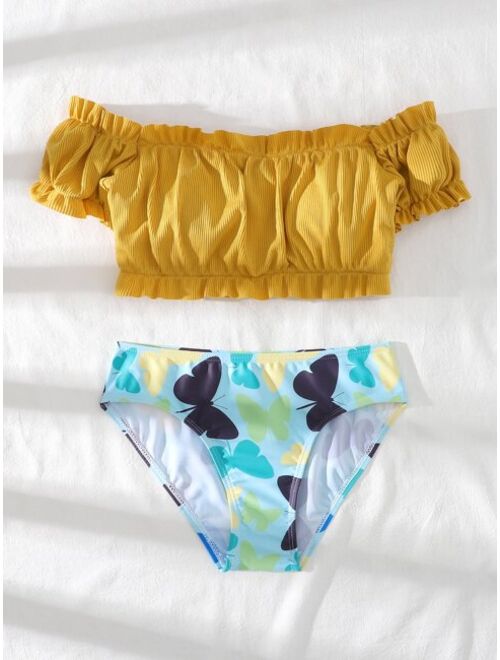 Shekini Girls Butterfly Print Rib Frill Trim Bikini Swimsuit