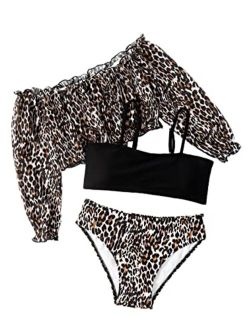 Milumia Girl 3 Piece Leopard Bikini Swimsuit Off Shoulder Lettuce Trim Coverup Top Bathing Suit