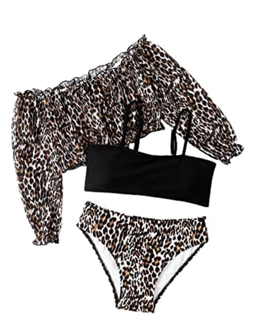Shekini Milumia Girl 3 Piece Leopard Bikini Swimsuit Off Shoulder Lettuce Trim Coverup Top Bathing Suit