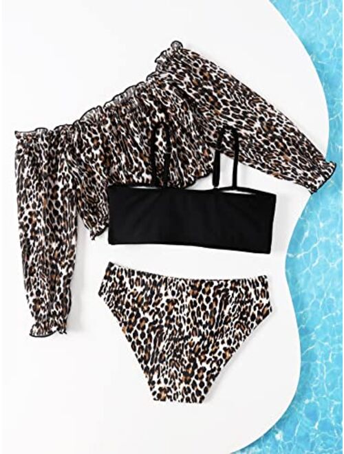 Shekini Milumia Girl 3 Piece Leopard Bikini Swimsuit Off Shoulder Lettuce Trim Coverup Top Bathing Suit