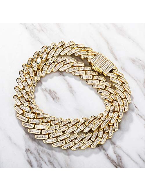 TOPGRILLZ 12mm/18mm Baguette Diamond Miami Cuban Link Chain 6 Times 14K Gold Plated Solid CZ Choker Necklace for Men Women Jewelry Decoration
