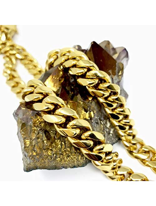Hollywood Jewelry 14Kt Gold Chain Necklace for men women. Diamond Cut Cuban Link. 14K Real Gold Plated. Hip hop 6MM - 14MM w/solid clasp.