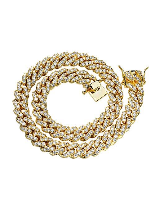 HarlemBling Mens Miami Cuban Link Chain - 14k Gold Over Stainless Steel - Iced 12mm Thick - 18" Choker to 30" Bust Down Link