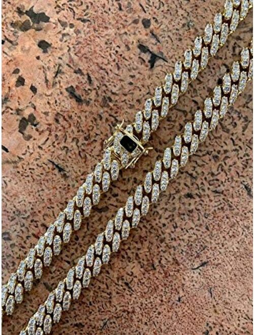 HarlemBling Mens Miami Cuban Link Chain - 14k Gold Over Stainless Steel - Iced 12mm Thick - 18" Choker to 30" Bust Down Link