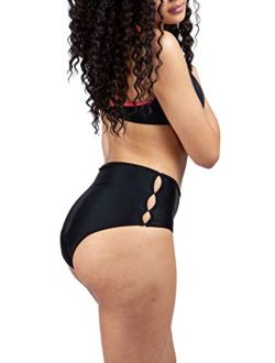 Savvi Wear Period Swimwear - Black Menstrual Leakproof Bikini Bottom - Slotted High Waisted Swim Bottoms for Teens, Girls, Women