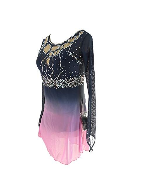 LIUHUO Black Ice Figure Skating Dress Long-Sleeved Round Neck Roller Skating Skirt