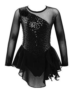 Agoky Kids Girls Figure Ice Skating Dress Mesh Long Sleeve Hollow Back Sequin Tulle Leotard Dress Ballet Dance Costume