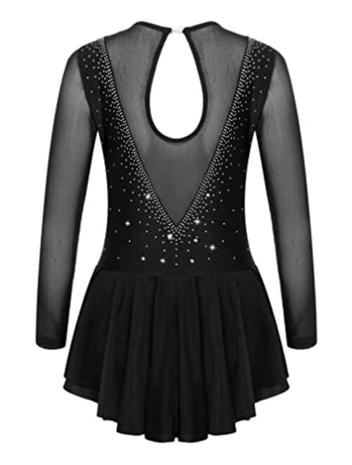 Agoky Kids Girls Figure Ice Skating Roller Skater Dress Ballet Dance Leotard Silver Glitters Long Sleeve Tutu Skirt Dancewear