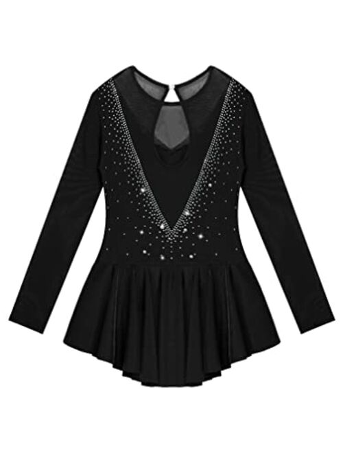 Agoky Kids Girls Figure Ice Skating Roller Skater Dress Ballet Dance Leotard Silver Glitters Long Sleeve Tutu Skirt Dancewear