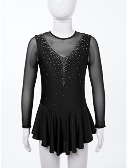 Agoky Kids Girls Figure Ice Skating Roller Skater Dress Ballet Dance Leotard Silver Glitters Long Sleeve Tutu Skirt Dancewear