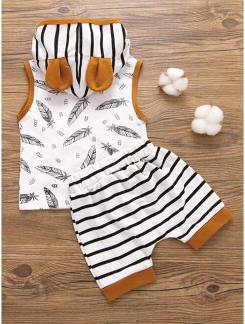 Shein Toddler Boys Feather Print 3D Ear Design Hooded Tank Top & Shorts