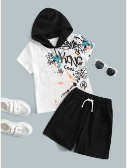 Toddler Boys Colorblock Letter Graphic Hooded Tee & Shorts Set