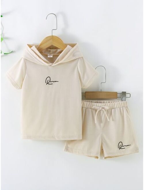 Shein Toddler Boys Letter Graphic Hooded Tee & Knot Front Shorts