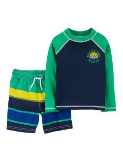 Toddler Boy Carter's "Ready For Waves" Striped Rash Guard Top & Swim Shorts Set