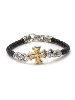 Men's Leather Maltese Cross Bracelet, Black, 8.5", Perseus Collection