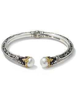 925 Sterling Silver 18k Gold Pearl Tipped Hinge Bracelet. 6.75 Inches