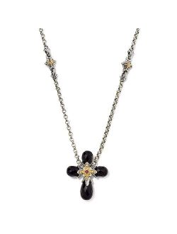 Sterling Silver and 18k Black Onyx Corundum Cross Pendant Necklace, 18 Inch Length
