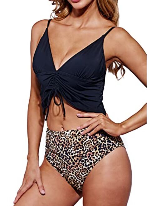 Beautikini High Waisted Bikini Swimsuit, Drawstring Two Piece Bathing Suit Leopard Bikini Top with Bottom