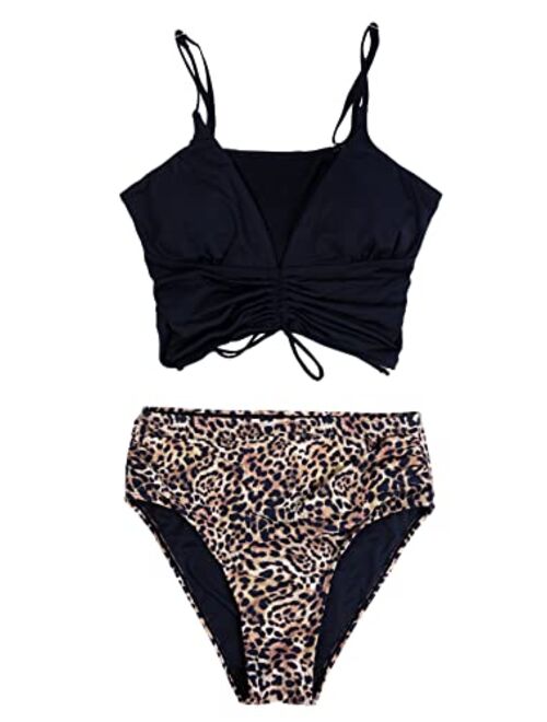 Beautikini High Waisted Bikini Swimsuit, Drawstring Two Piece Bathing Suit Leopard Bikini Top with Bottom