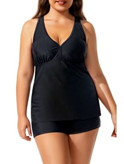 Beautikini Womens Plus Size Swimsuits with Shorts, Two Piece Tummy Control Bathing Suits V Neck Swimwear