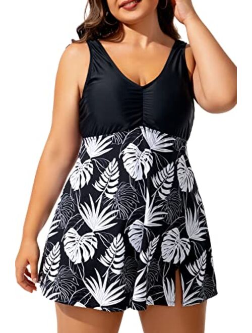 Beautikini Women's Plus Size Swimsuits, One Piece Tummy Control Swimdress Retro Floral Print Bathing Suits