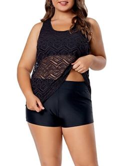 Beautikini Womens Plus Size Tankini Swimsuits, T-Back Push Up Tankini TOP with Shorts Two Pieces Striped Print Bathing Suits