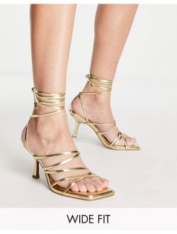 Wide Fit Hiccup strappy tie leg mid heeled sandals in gold