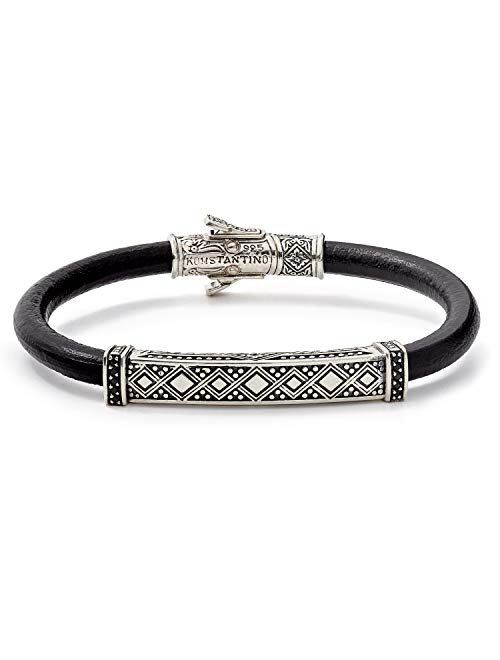 Konstantino Konstatino Men's Black Leather Bracelet With Sterling Silver and Black Spinel Stone Accents, 8 Inch