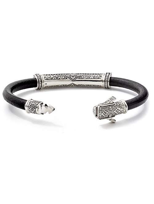 Konstantino Konstatino Men's Black Leather Bracelet With Sterling Silver and Black Spinel Stone Accents, 8 Inch