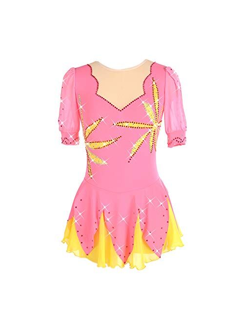 Liuhuo Ice Figure Skating Dress For Girls Ladies Long-sleeved Beaded Roller Skating Skirt Leaf Pattern Pink And Yellow