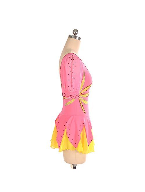 Liuhuo Ice Figure Skating Dress For Girls Ladies Long-sleeved Beaded Roller Skating Skirt Leaf Pattern Pink And Yellow