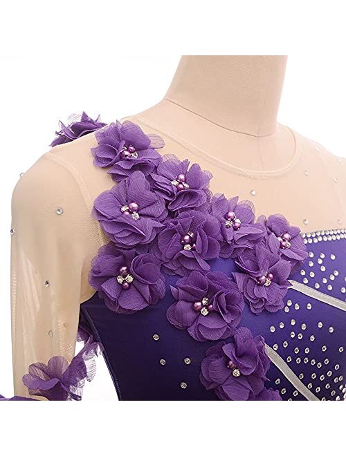 LIUHUO Purple Gradiant Ice Figure Skating Dress - for Girls for Women Long-Sleeved Beaded Roller Skating Skirt Flower
