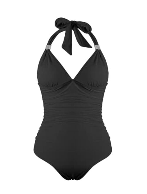 Beautikini Women's One Piece Swimsuits V Neck Halter Bathing Suit Sexy Ruched Tummy Control Swimwear