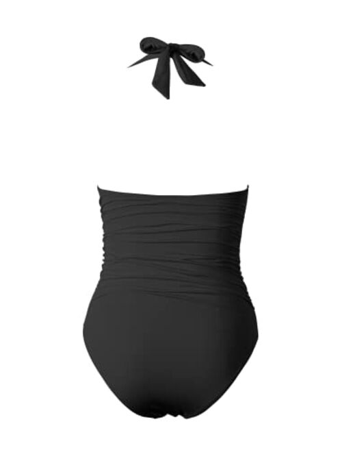 Beautikini Women's One Piece Swimsuits V Neck Halter Bathing Suit Sexy Ruched Tummy Control Swimwear