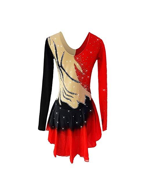 Liuhuo Figure Skating Dress Girls Red Women Mesh Leotard Shiny Rhinestones Ballet Dancewear Performance Costume
