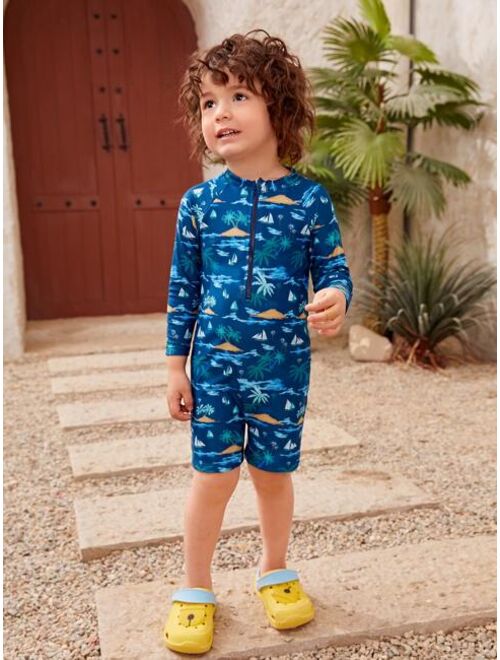 Shein Toddler Boys Coconut Tree Sailboat Print Raglan Sleeve One Piece Swimsuit